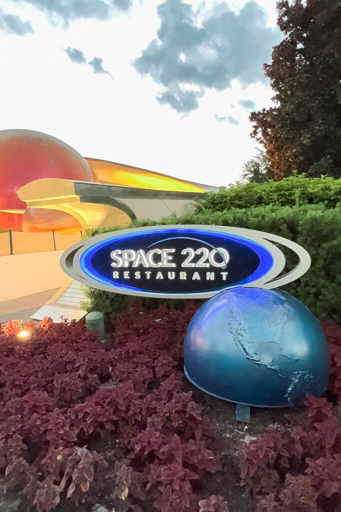 Outdoor signage for Space 220 restaurant at Disney's EPCOT
