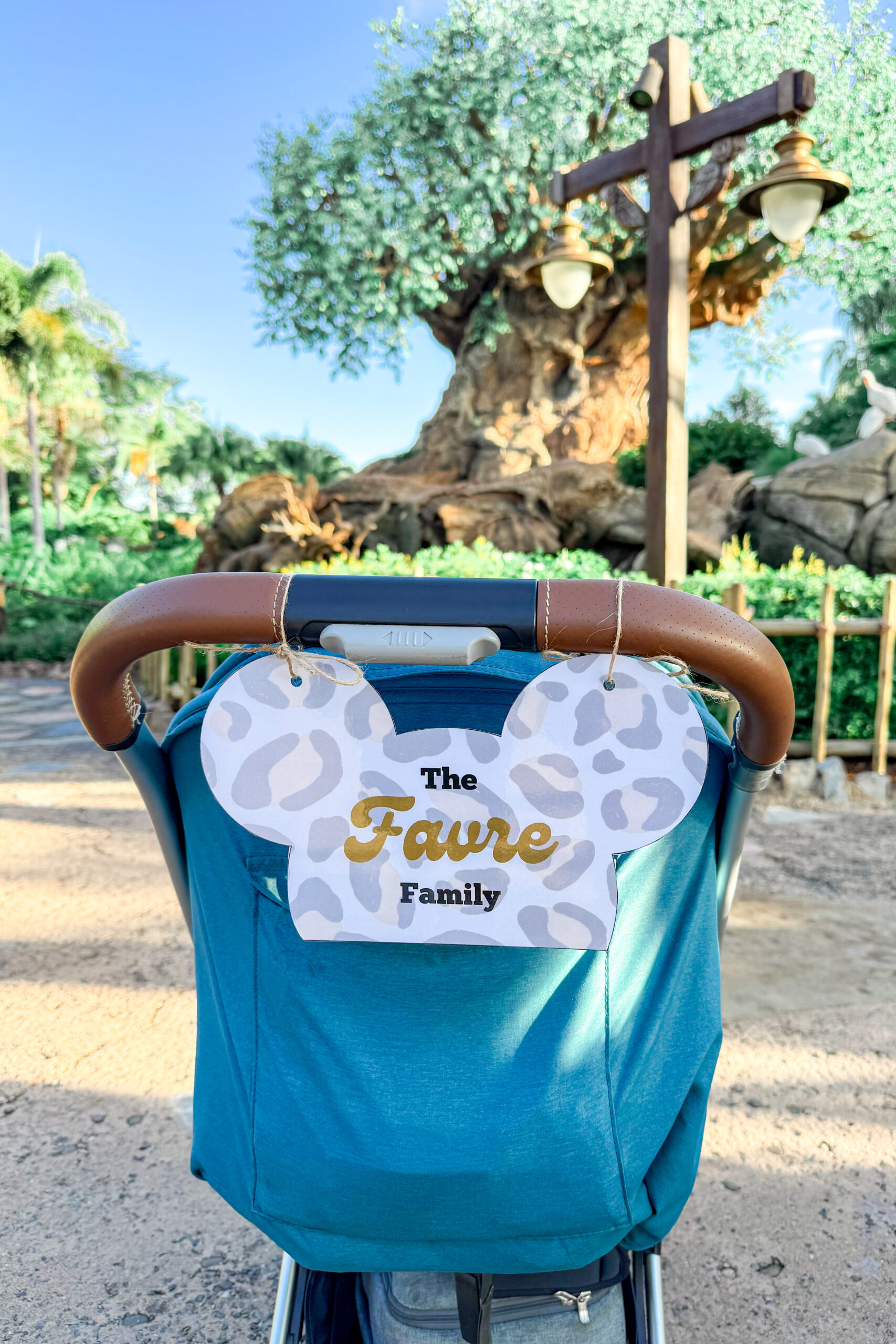 Disney stroller with a stroller tag attached to help with easy identification