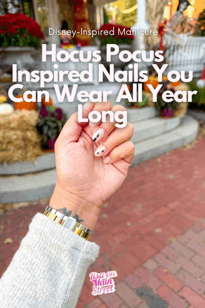 Looking for Hocus Pocus inspired nails that feel Disney-magical but still wearable? This manicure features a neutral base, a black candle design, and gold stars for subtle spooky sparkle. Perfect for Disney fans who love chic nail art!