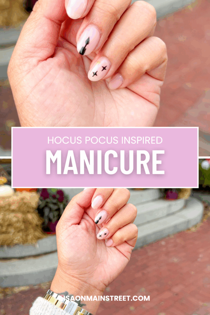 A minimalist take on Hocus Pocus inspired nails — featuring a soft neutral base, black candle art, and tiny gold stars. Perfect for Disney adults, spooky season lovers, and anyone who finds magic in the details.