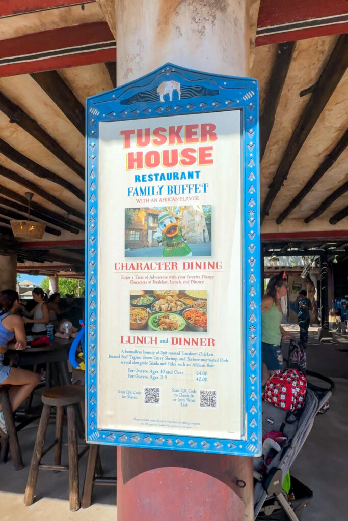 Tusker House menu board displaying dining options at Animal Kingdom restaurant.