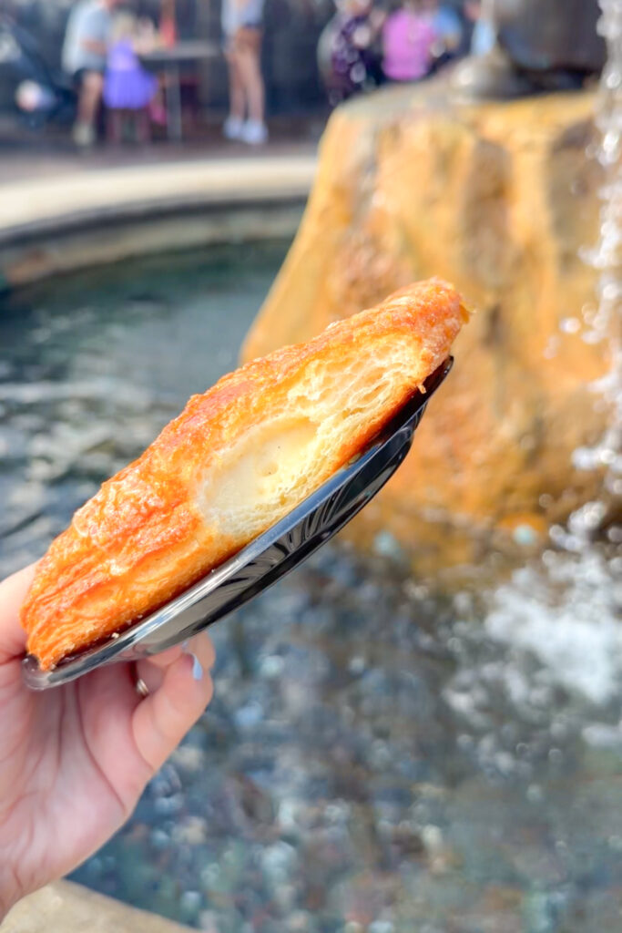 Close-up of caramelized topping on Gaston’s Tavern crème brûlée croissant